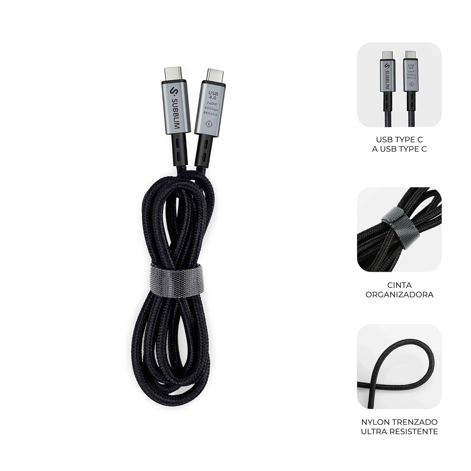 Cabo USB 4.0 Tipo-C Subblim Cabo High/ USB Tipo-C Macho - USB Tipo-C Macho/ Até 240W/ 1.5m/ Preto - Imagem 3