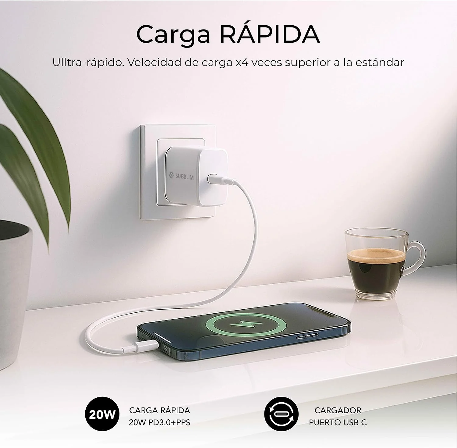 Carregador de Parede SUBBLIM GaN 20W USB-C Power Delivery 3.0 & PPS - Imagem 4