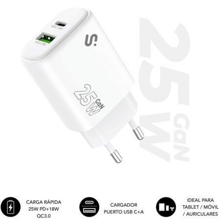 Carregador de Parede GaN Subblim 25W Charger USB C+A/ 1xUSB Tipo-C/ 1xUSB/ 25W