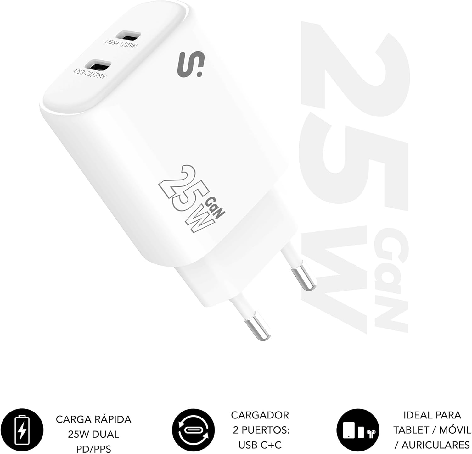 Carregador de Parede GaN Subblim 25W USB C+C/ 2xUSB Tipo-C/ 25W - Imagem 2