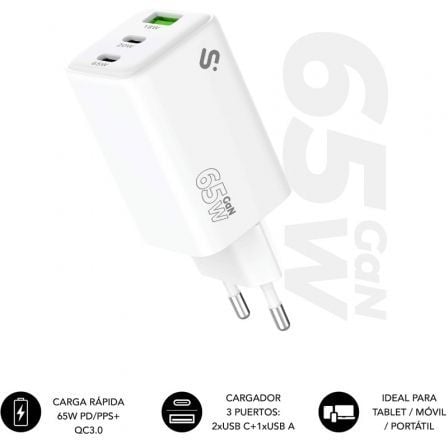 Carregador de Parede Subblim GaN 65W 2x USB-C + 1x USB-A PD 3.0 PPS
