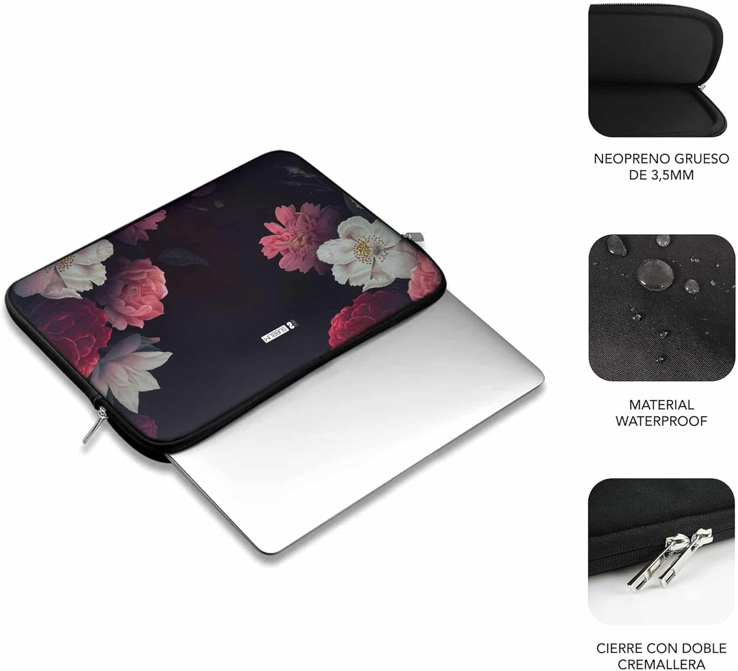 Capa para Portátil Subblim Trendy Sleeve Neo Flowers 15.6" Neopreno 3mm Estampado Floral - Imagem 3