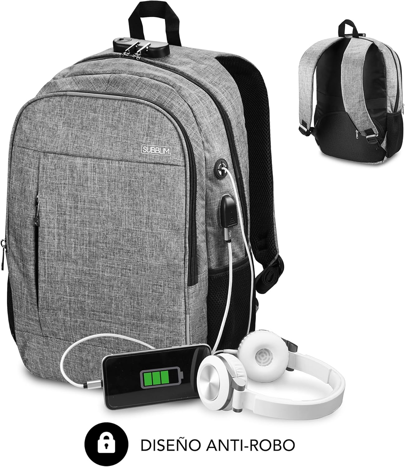 Mochila Subblim Urban Lock para Portáteis até 16"/ Porta USB/ Antirroubo/ Cinzento - Imagem 2