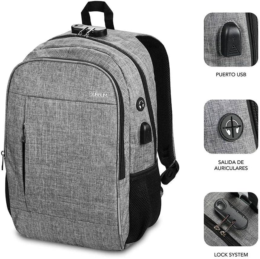 Mochila Subblim Urban Lock para Portáteis até 16"/ Porta USB/ Antirroubo/ Cinzento - Imagem 3