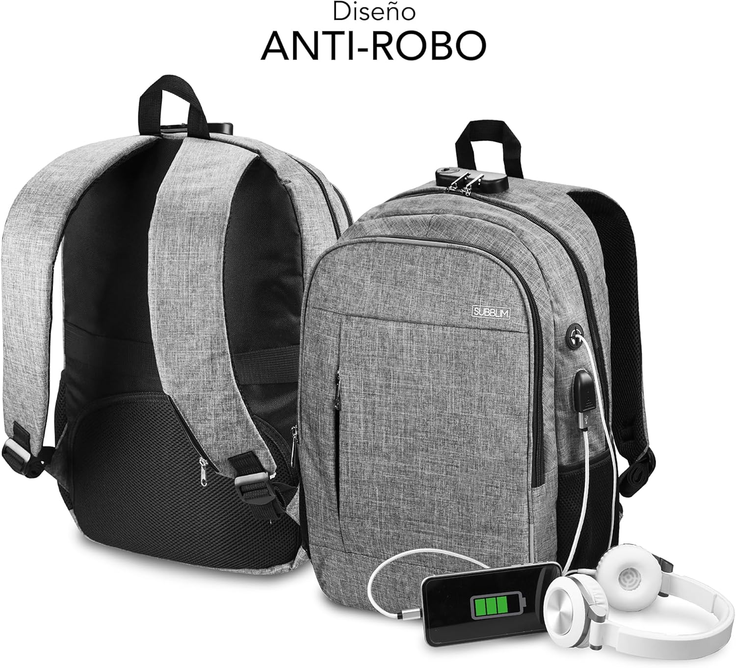 Mochila Subblim Urban Lock para Portáteis até 16"/ Porta USB/ Antirroubo/ Cinzento - Imagem 6