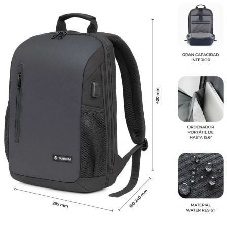 Mochila Subblim Xpand Air Padding Backpack para Portáteis até 15.6"/ Porta USB/ Preto - Imagem 4