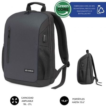 Mochila Subblim Xpand Air Padding Backpack para Portáteis até 15.6"/ Porta USB/ Preto