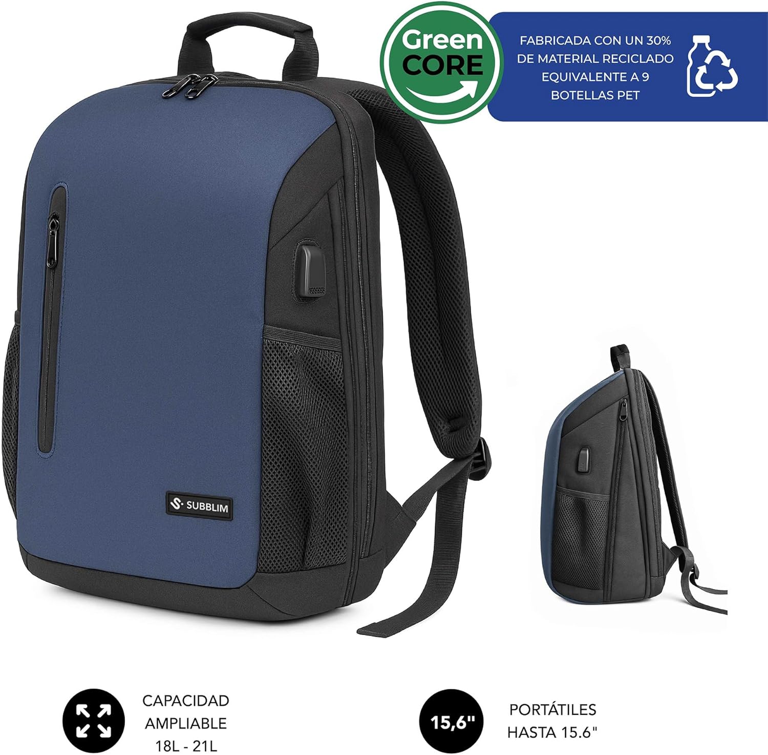 Mochila Subblim Xpand Air Padding Backpack para Portáteis até 15.6"/ Porta USB/ Azul - Imagem 2
