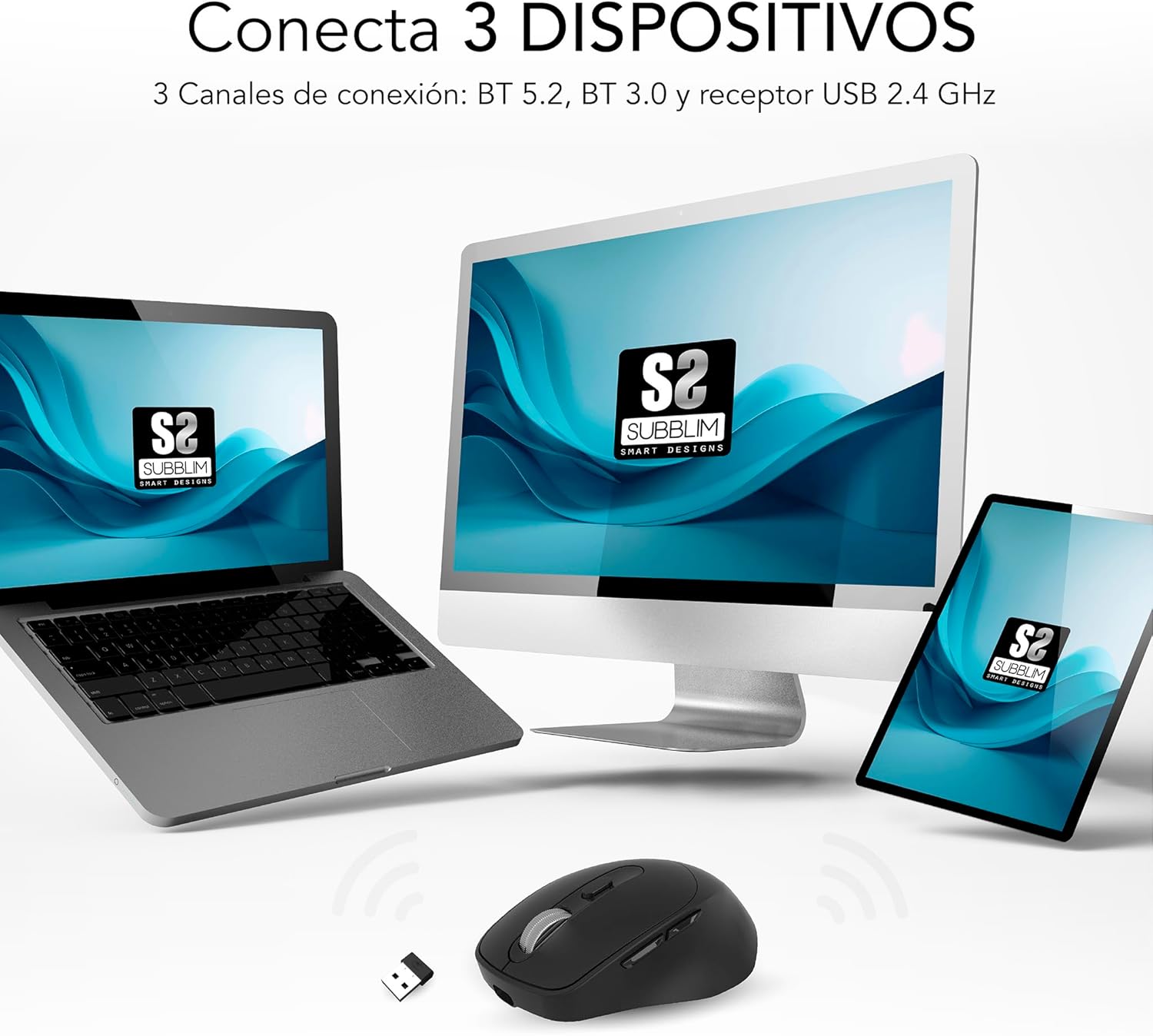 Rato Ergonómico Sem Fios por Bluetooth/ 2.4GHz Subblim Comfort Ergo Dual Battery/ Bateria recarregável/ Até 2400 DPI/ Preto - Imagem 4