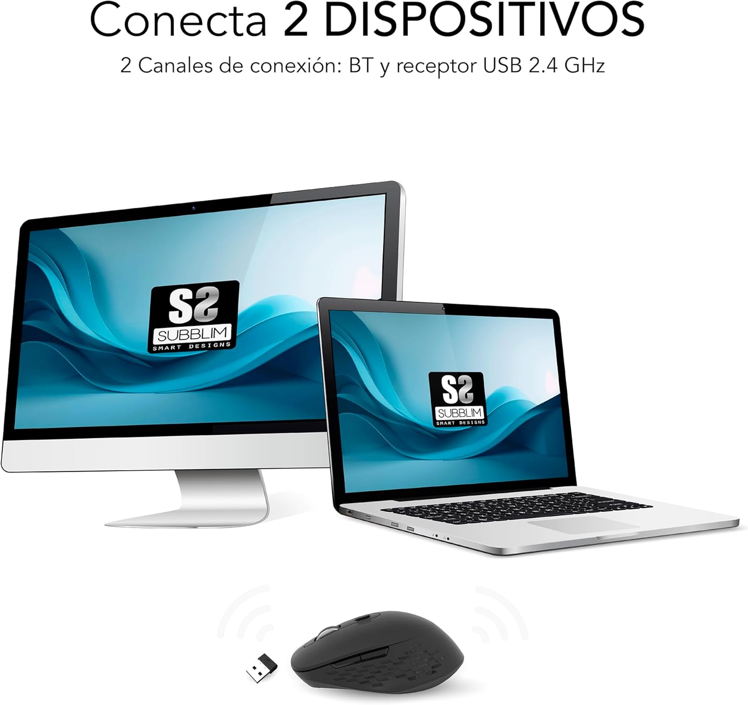 Rato Ergonómico Sem Fios por Bluetooth/ 2.4GHz Subblim Curve Ergo Dual Battery/ Bateria recarregável/ Até 1600 DPI/ Preto - Imagem 3
