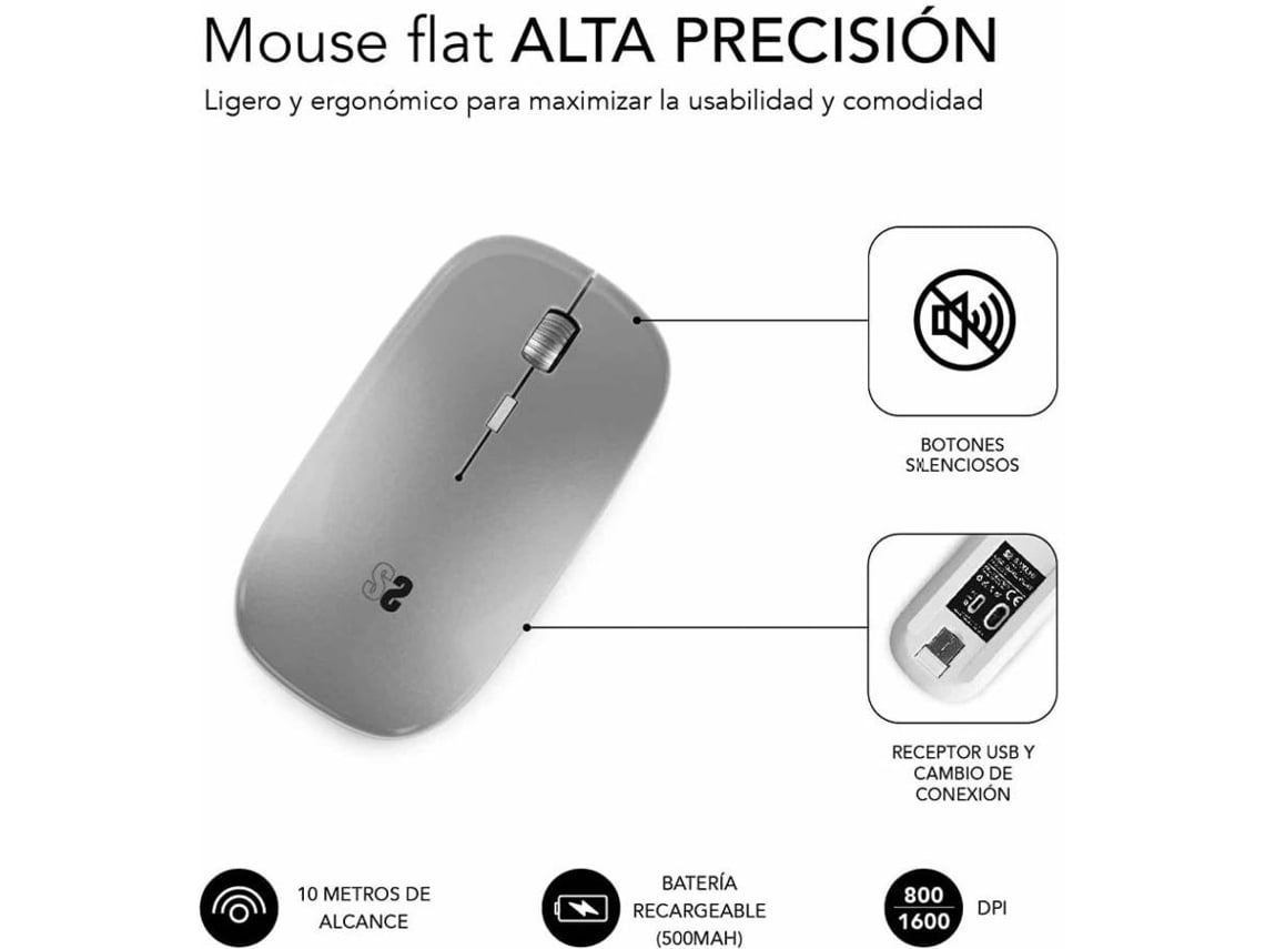 Rato Sem Fios por Bluetooth Subblim Dual Flat/ Bateria Recarregável/ Até 1600 DPI/ Prata - Imagem 5
