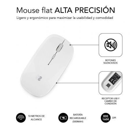 Rato Sem Fios por Bluetooth Subblim Dual Flat/ Bateria Recarregável/ Até 1600 DPI/ Branco - Imagem 2