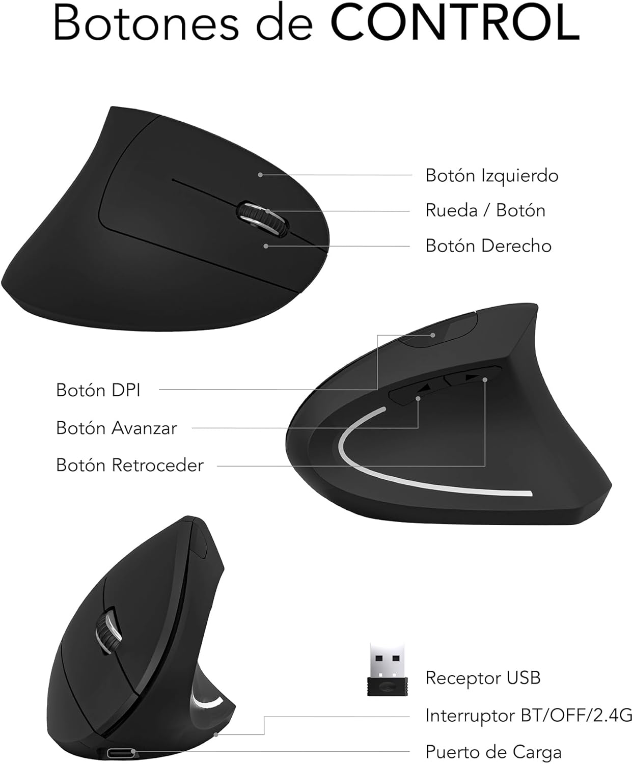 Rato Vertical Sem Fios por Bluetooth/ 2.4GHz Subblim Glide Vertical Ergo Dual Battery/ Bateria Recarregável/ Até 1600 DPI/ Preto - Imagem 7