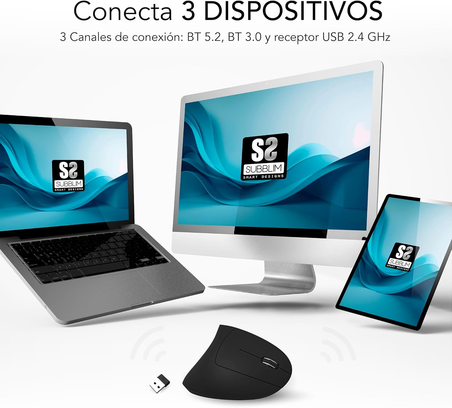 Rato Vertical Sem Fios por Bluetooth/ 2.4GHz Subblim Glide Vertical Ergo Dual Battery/ Bateria Recarregável/ Até 1600 DPI/ Preto - Imagem 3