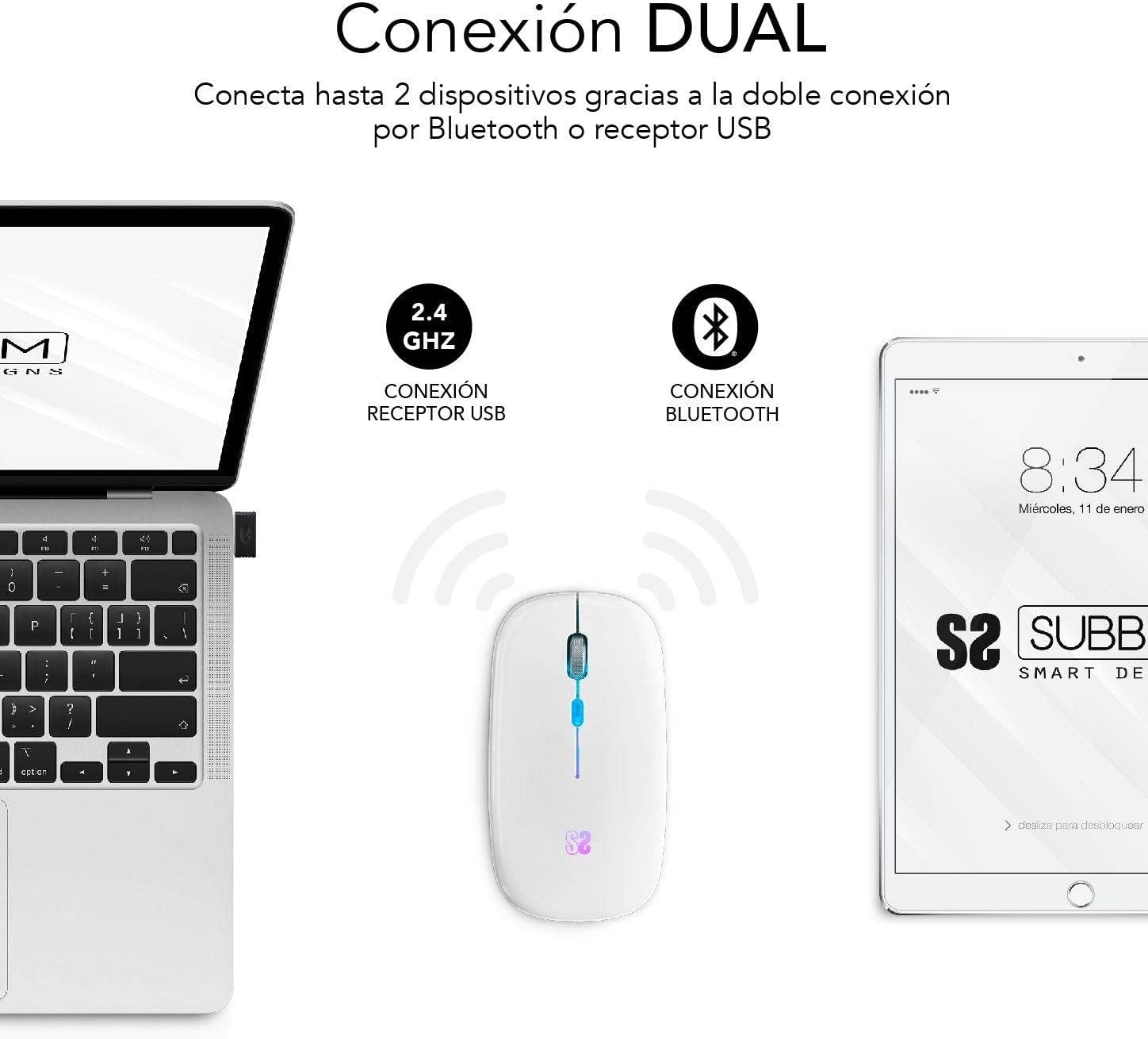 Rato Sem Fios por Bluetooth Subblim LED Dual Flat/ Bateria Recarregável/ Até 1600 DPI/ Branco - Imagem 3