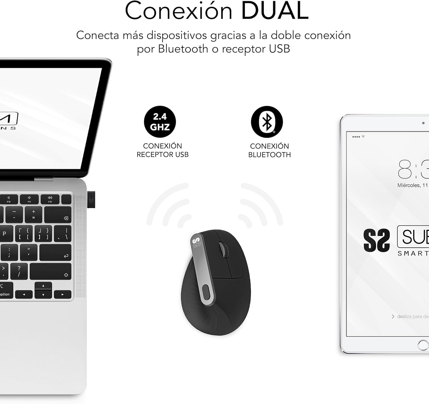 Rato Ergonómico Sem Fios por Bluetooth/ 2.4GHz Subblim Nature Vertical Ergo Dual Battery/ Bateria Recarregável/ Até 4000 DPI/ Preto - Imagem 3