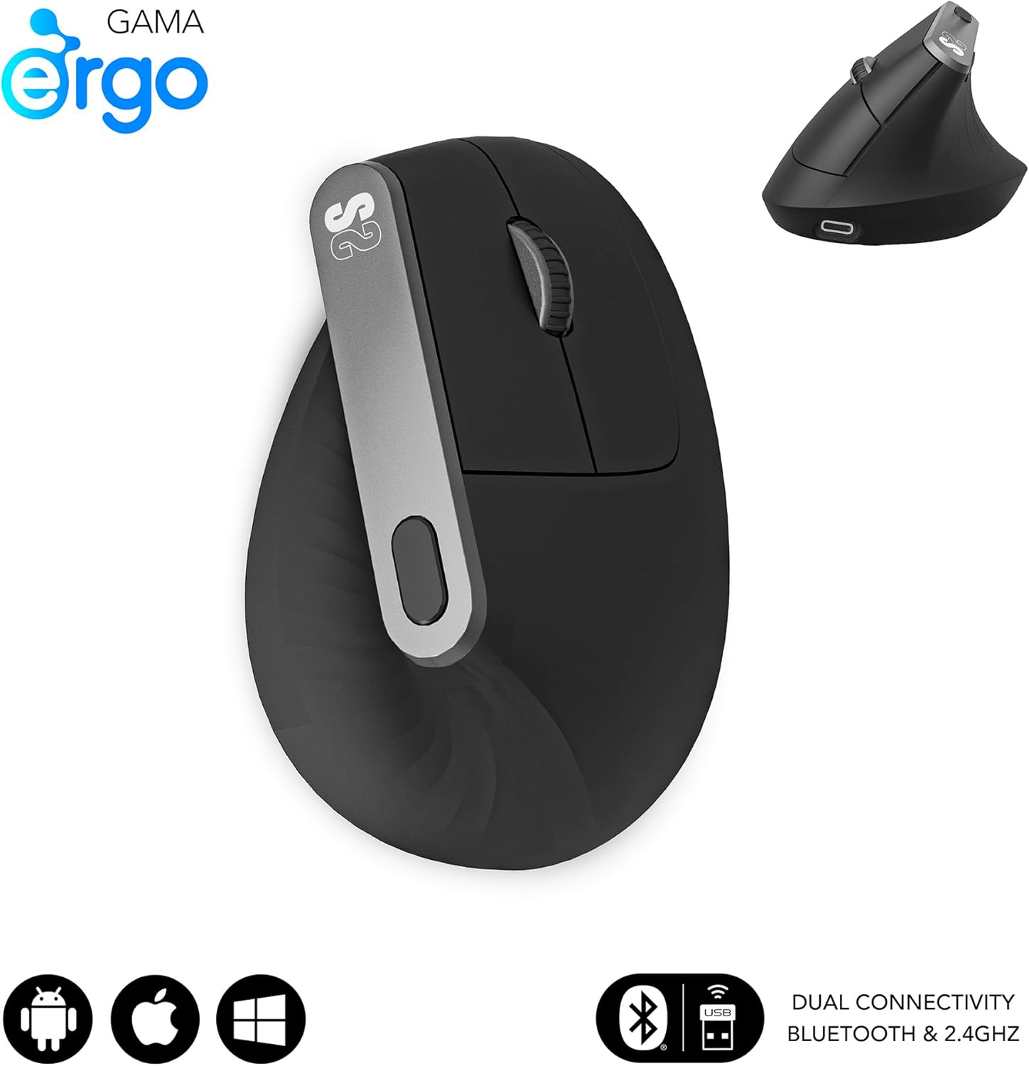 Rato Ergonómico Sem Fios por Bluetooth/ 2.4GHz Subblim Nature Vertical Ergo Dual Battery/ Bateria Recarregável/ Até 4000 DPI/ Preto - Imagem 2