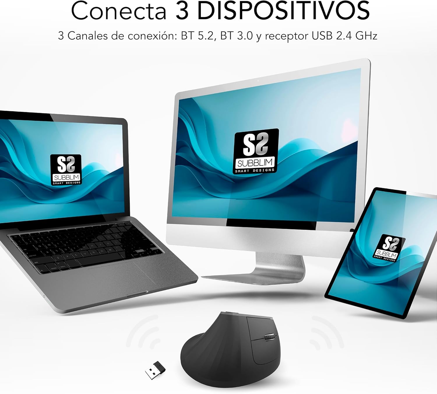 Rato Ergonómico Sem Fios por Bluetooth/ 2.4GHz Subblim Nature Vertical Ergo Dual Battery/ Bateria Recarregável/ Até 4000 DPI/ Preto - Imagem 4