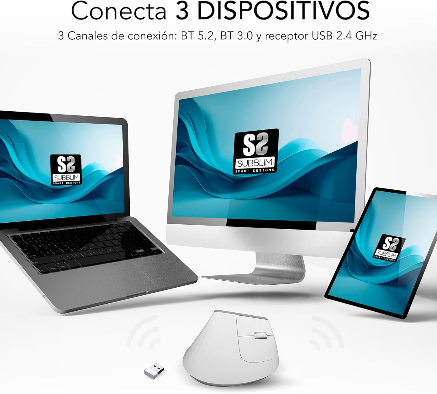 Rato Vertical Sem Fios por Bluetooth/ 2.4GHz Subblim Nature Vertical Ergo Dual Battery/ Bateria Recarregável/ Até 4000 DPI/ Branco - Imagem 4