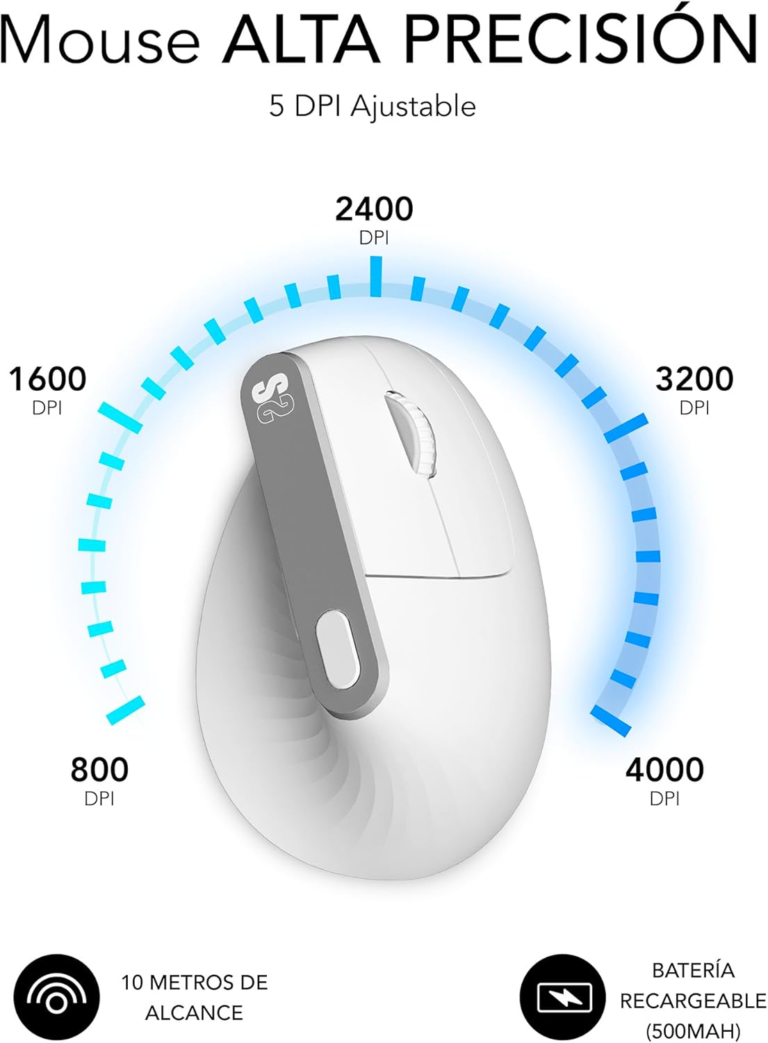 Rato Vertical Sem Fios por Bluetooth/ 2.4GHz Subblim Nature Vertical Ergo Dual Battery/ Bateria Recarregável/ Até 4000 DPI/ Branco - Imagem 6
