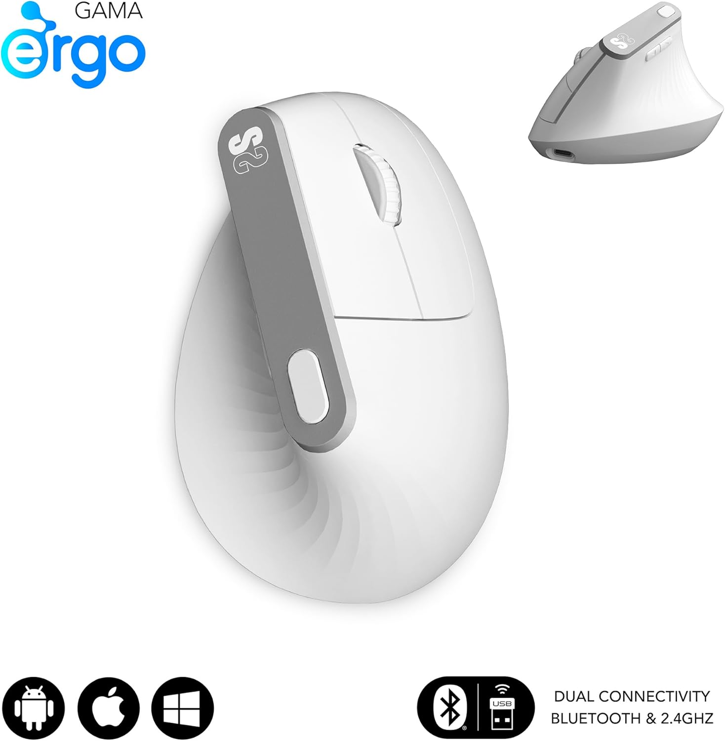 Rato Vertical Sem Fios por Bluetooth/ 2.4GHz Subblim Nature Vertical Ergo Dual Battery/ Bateria Recarregável/ Até 4000 DPI/ Branco - Imagem 2