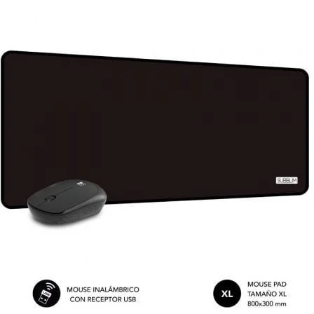 Conjunto Rato Sem Fios e Tapete de Rato XL SUBBLIM Harmony 1200 DPI 80x30cm Preto
