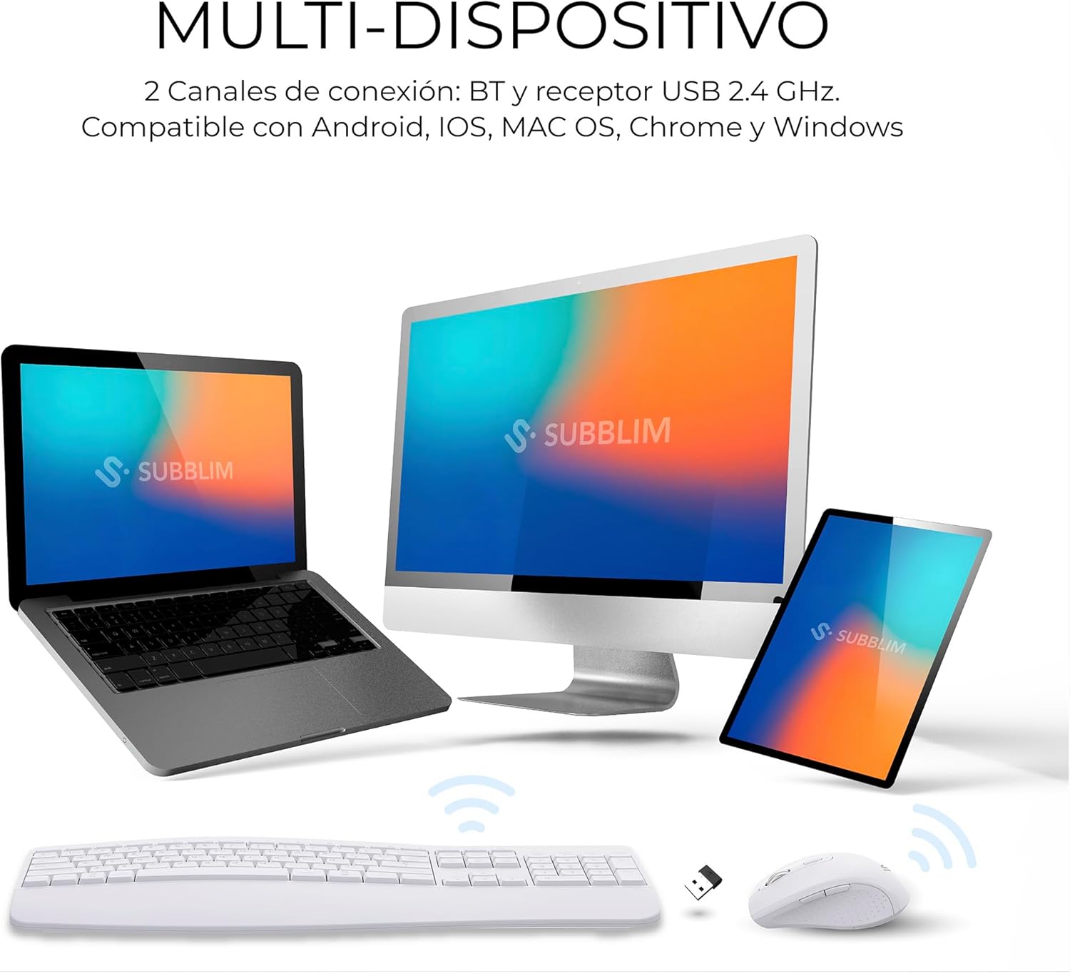 Teclado e Rato Sem Fios Subblim Combo Dual Office Prowave/ Branco - Imagem 3