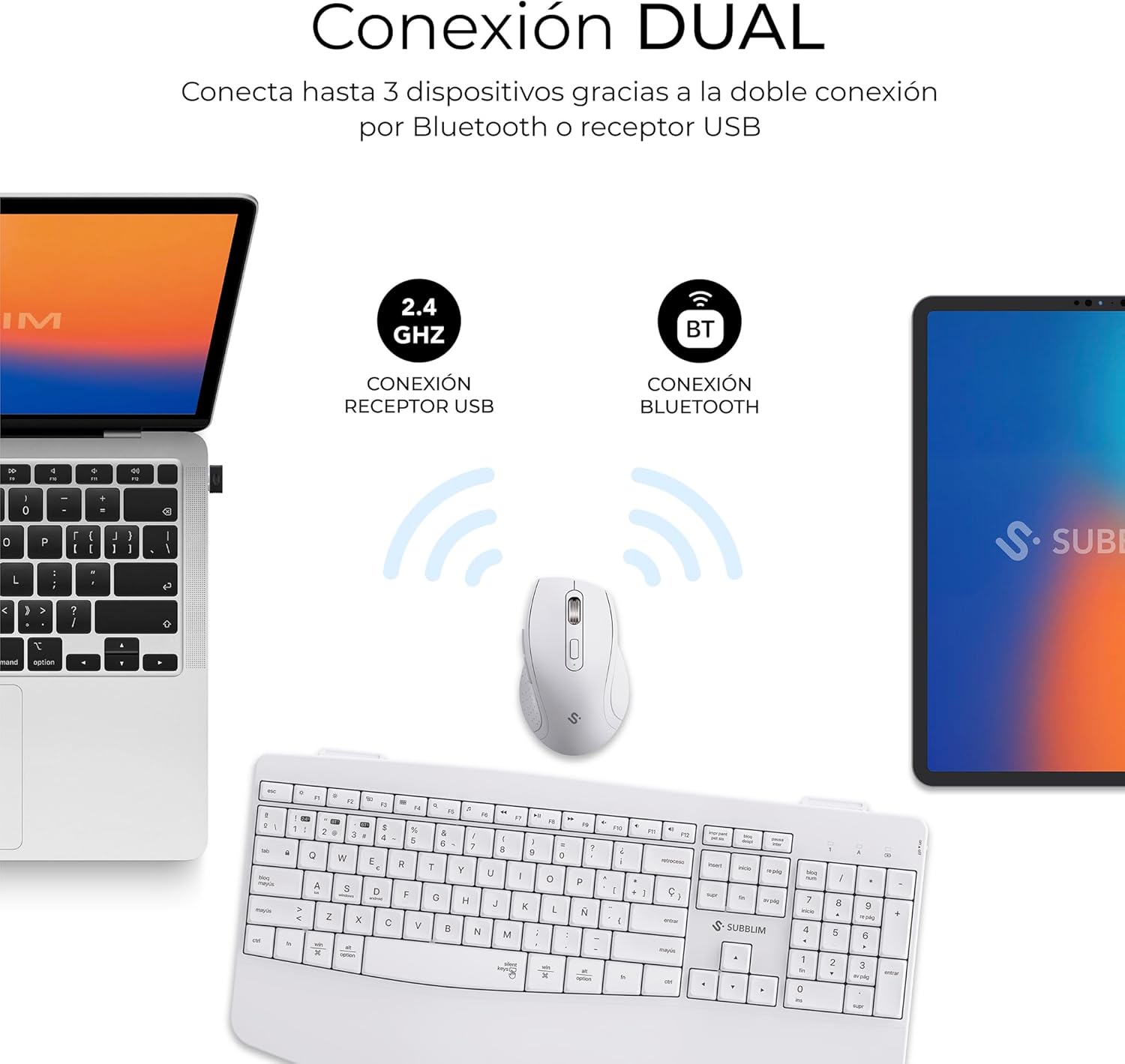Teclado e Rato Sem Fios Subblim Combo Dual Office Prowave/ Branco - Imagem 2