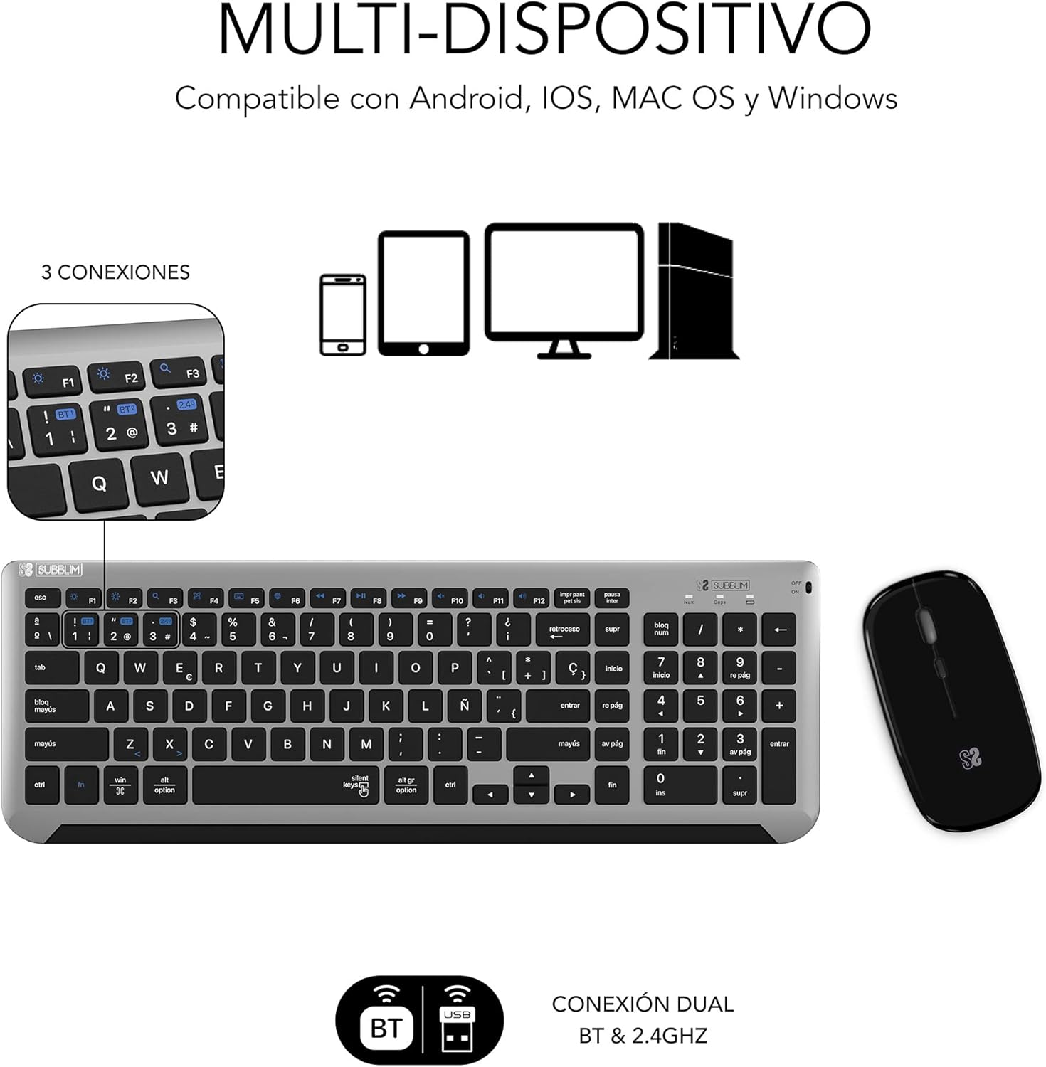 Teclado e Rato Sem Fios Subblim Combo Dual Prestige Extendido - Imagem 3