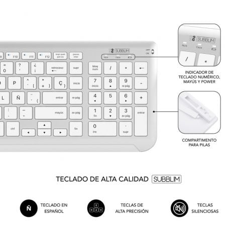 Teclado e Rato Sem Fios Subblim Combo Dual Prestige Estendido/ Branco e Prata - Imagem 3