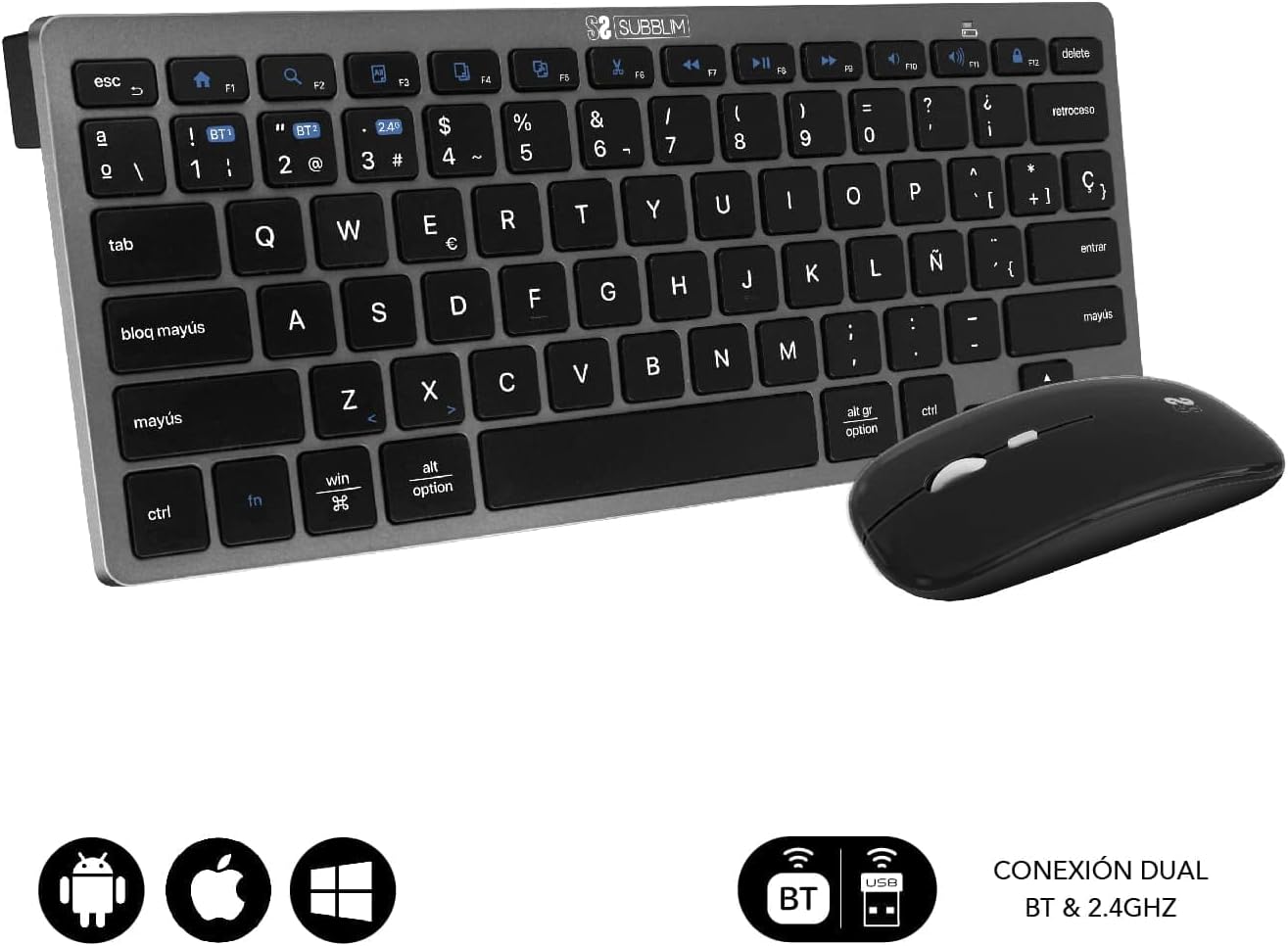 Teclado e Rato Sem Fios Subblim OCO020 Combo Multidispositivo Compacto/ Cinzento - Imagem 2