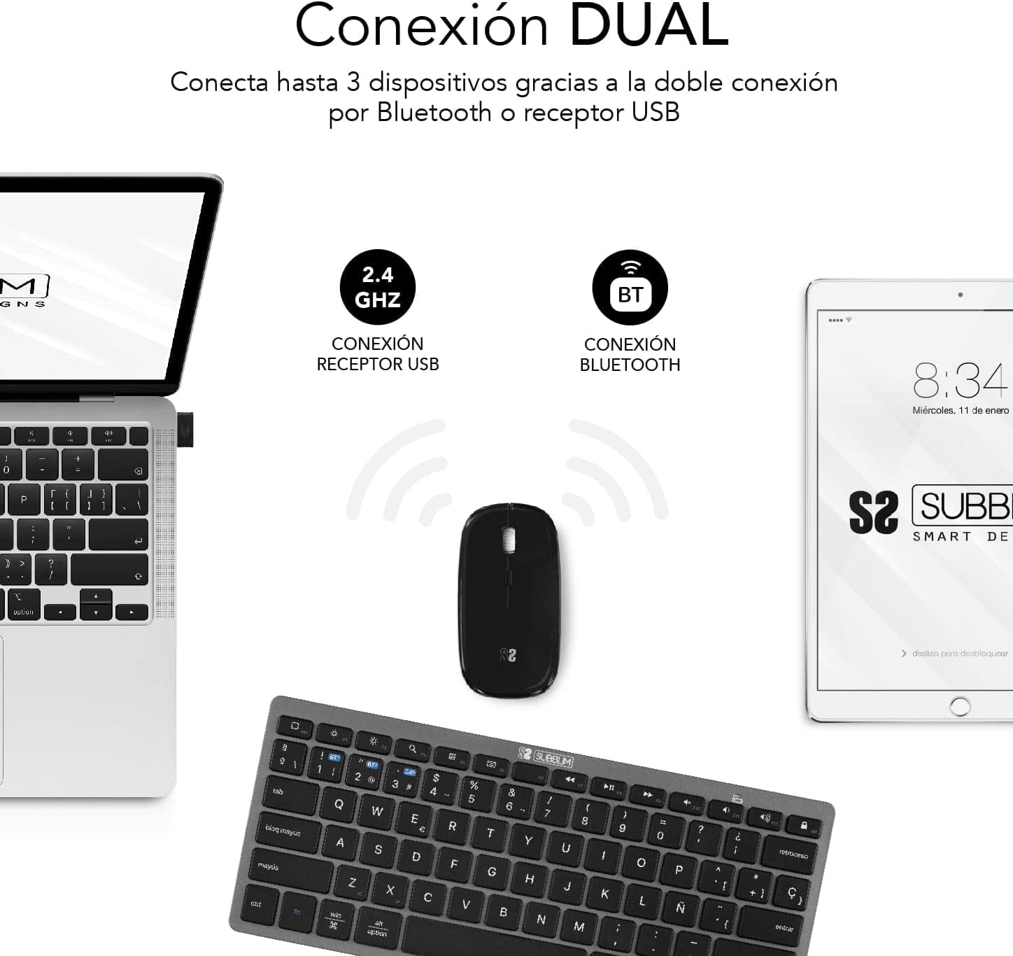 Teclado e Rato Sem Fios Subblim OCO020 Combo Multidispositivo Compacto/ Cinzento - Imagem 3