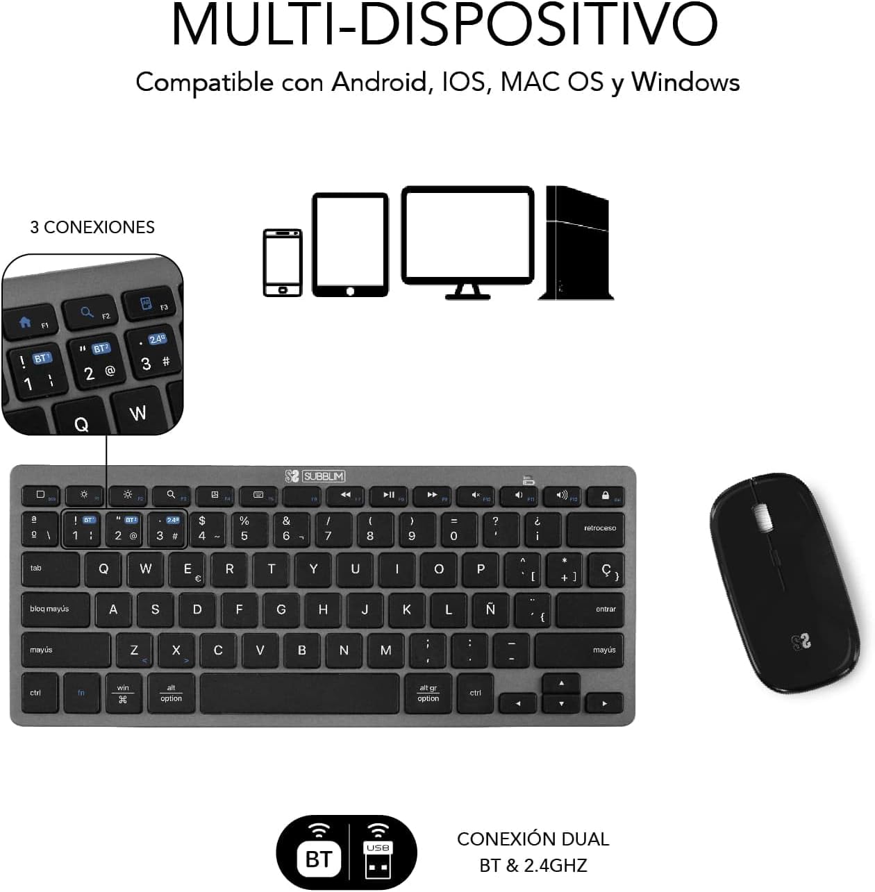 Teclado e Rato Sem Fios Subblim OCO020 Combo Multidispositivo Compacto/ Cinzento - Imagem 7