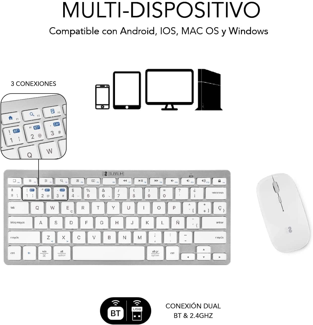 Teclado e Rato Sem Fios Subblim OCO010 Combo Multidispositivo Compacto/ Prata - Imagem 4