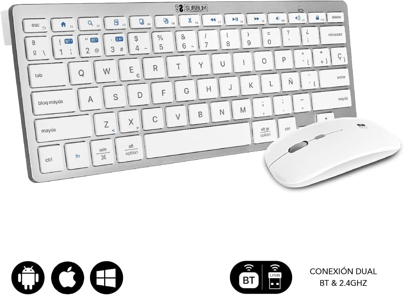 Teclado e Rato Sem Fios Subblim OCO010 Combo Multidispositivo Compacto/ Prata - Imagem 2