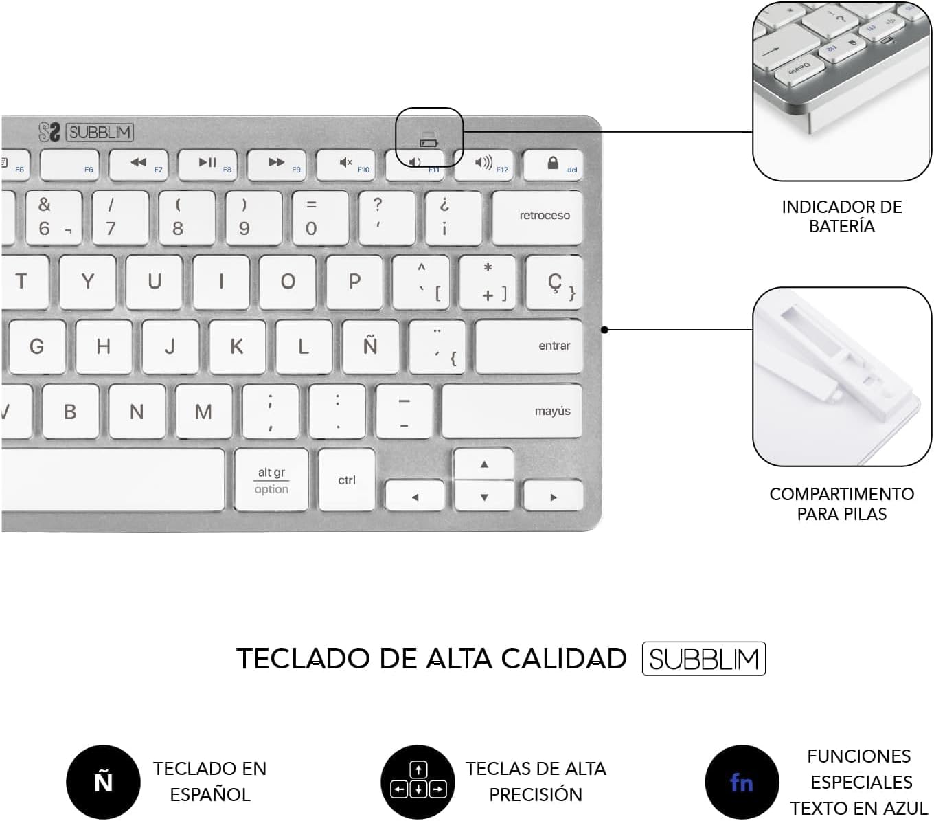 Teclado e Rato Sem Fios Subblim OCO010 Combo Multidispositivo Compacto/ Prata - Imagem 6