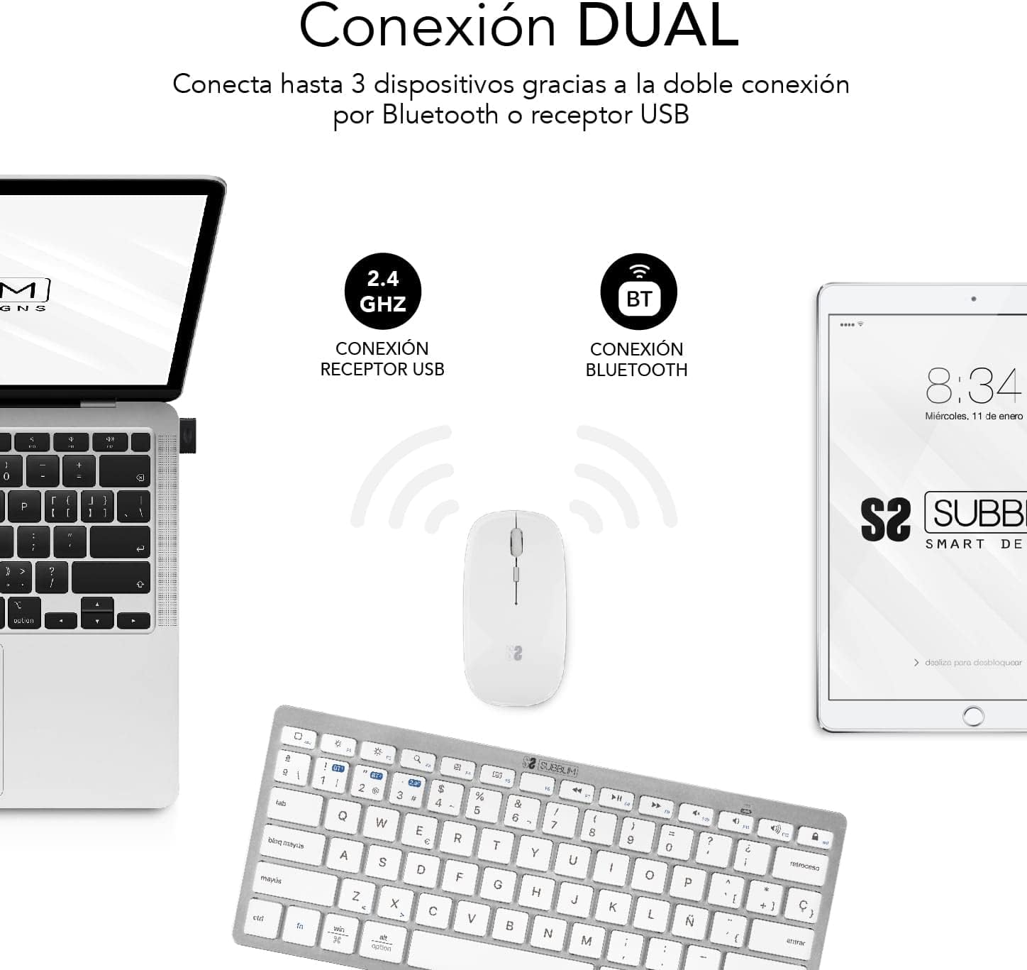 Teclado e Rato Sem Fios Subblim OCO010 Combo Multidispositivo Compacto/ Prata - Imagem 3