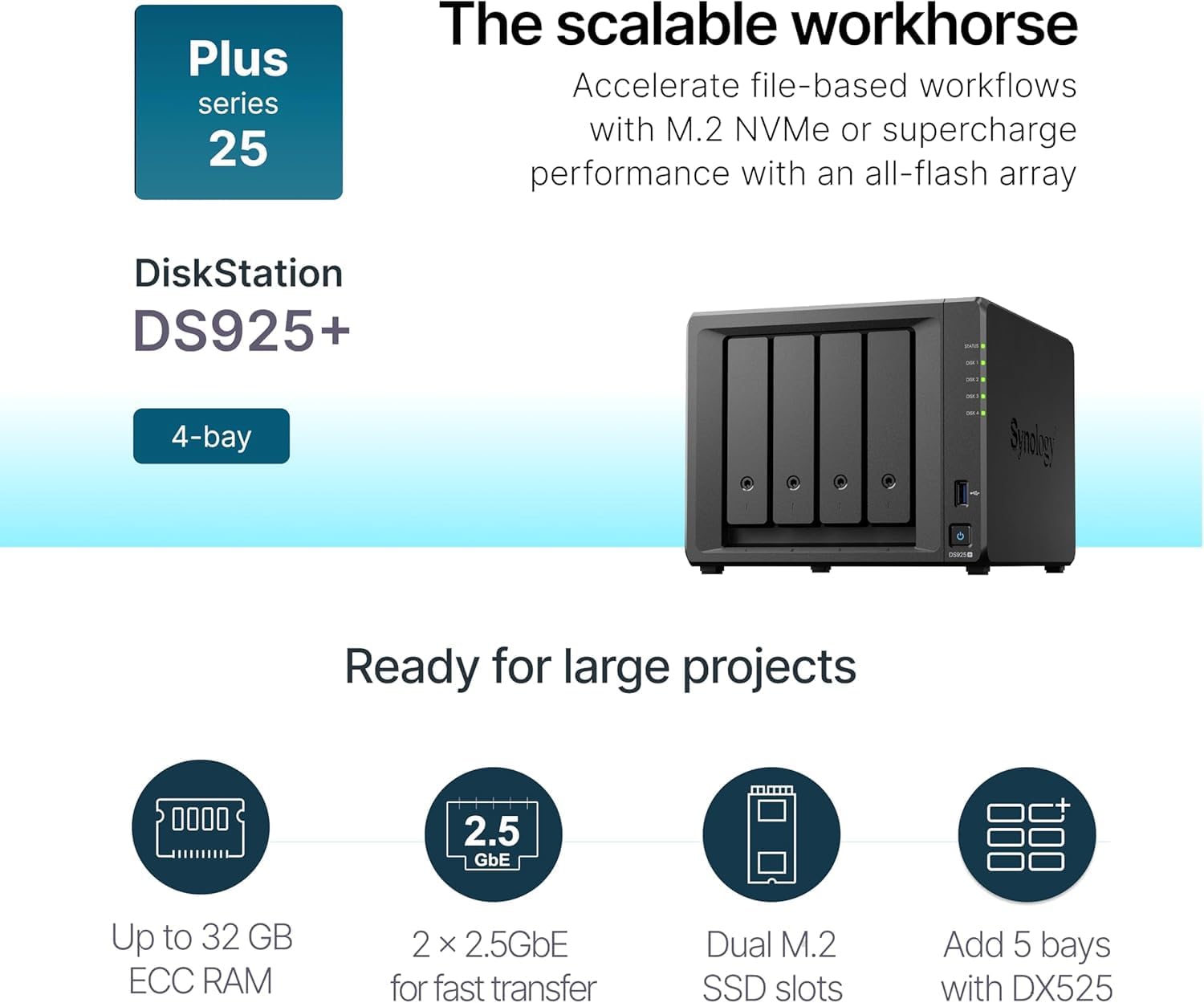 NAS Synology Diskstation DS925+/ 4 Baías 3.5"- 2.5"/ 4GB DDR4/ Formato Torre - Imagem 2