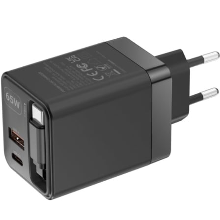 Carregador de Parede GaN Mars Gaming MD-GAN65R 65W USB-C USB-A Cabo Retrátil Preto - Imagem 5