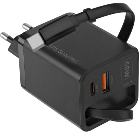 Carregador de Parede GaN Mars Gaming MD-GAN65R 65W USB-C USB-A Cabo Retrátil Preto - Imagem 3
