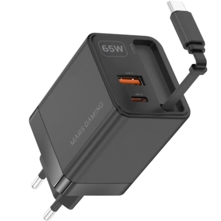 Carregador de Parede GaN Mars Gaming MD-GAN65R 65W USB-C USB-A Cabo Retrátil Preto - Imagem 2