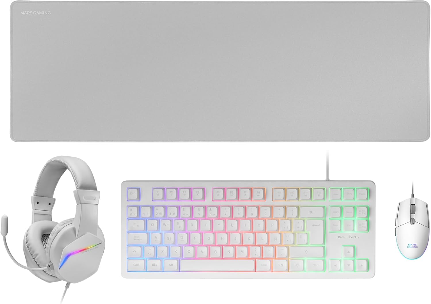 Pack Gaming Mars Gaming MCP-RGB3W Teclado TKL H-Mech Rato 3200 DPI Headset RGB e Tapete XXL Branco