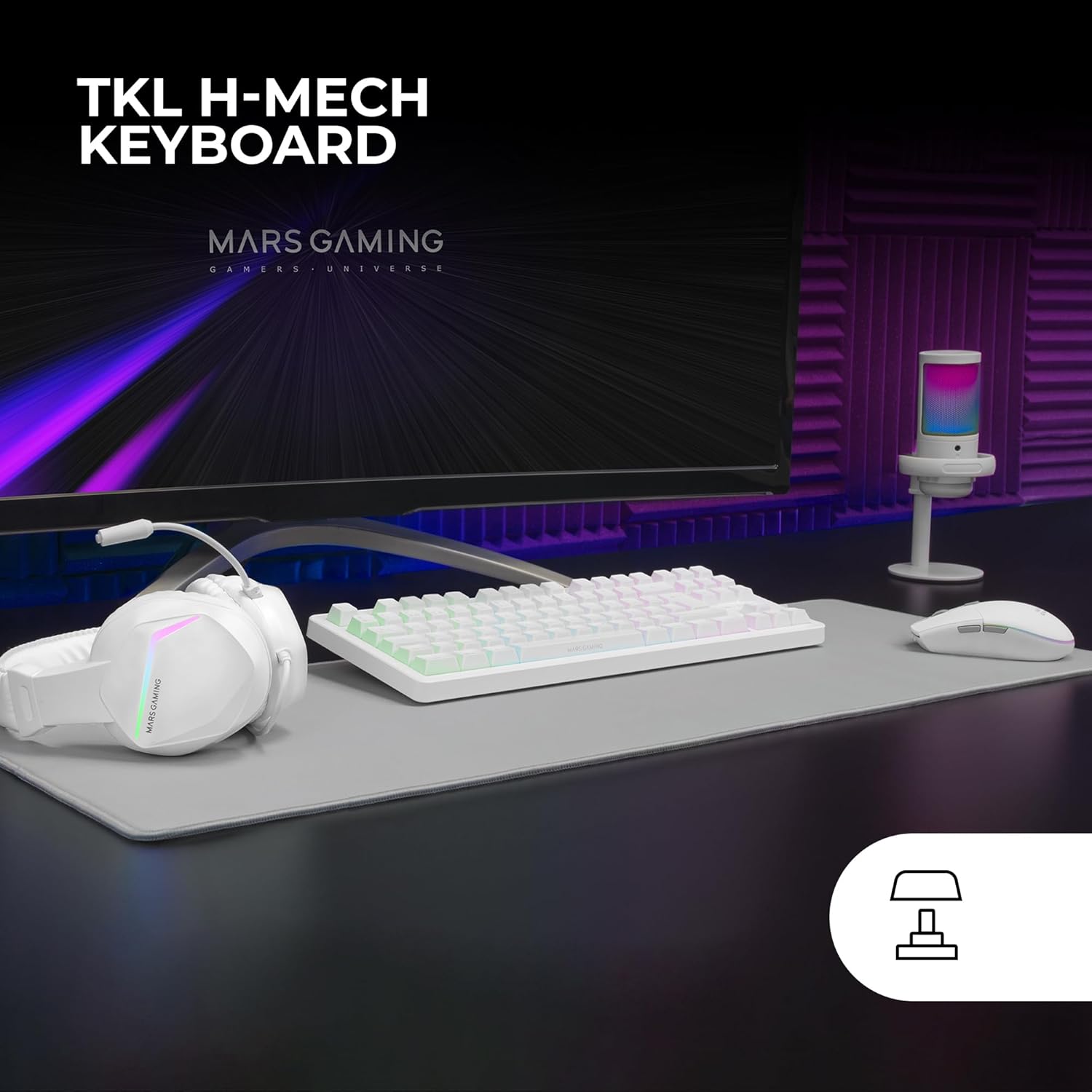 Pack Gaming Mars Gaming MCP-RGB3W Teclado TKL H-Mech Rato 3200 DPI Headset RGB e Tapete XXL Branco - Imagem 2
