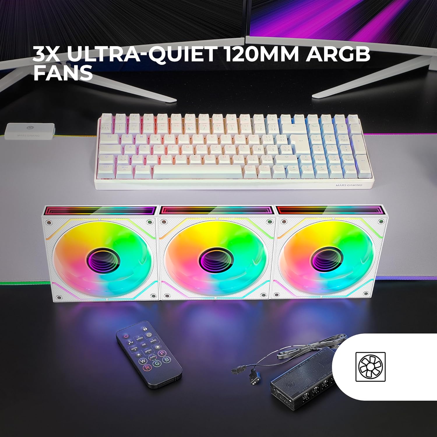 Pack 3 Ventoinhas Mars Gaming MF-3DPROKIT/ 12cm + HUB + Comando à Distância/ ARGB/ Branco - Imagem 2