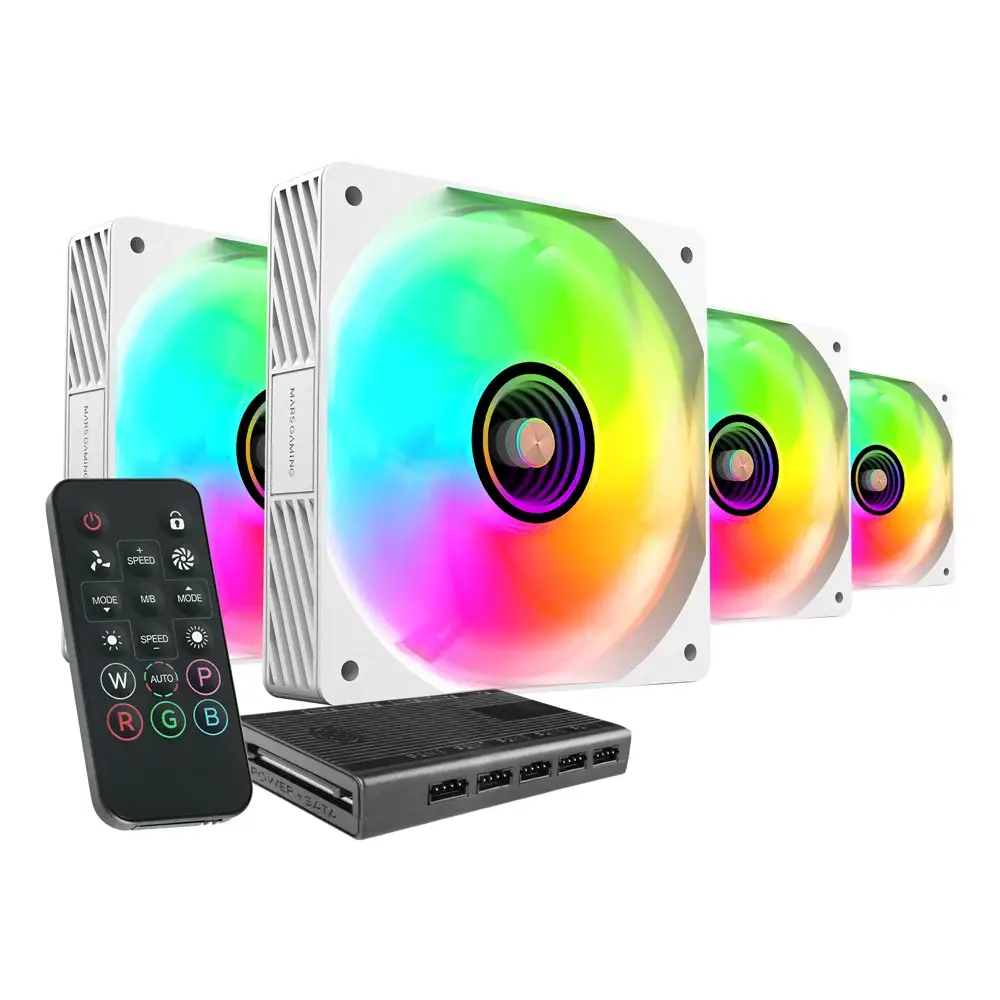 Pack 4 Ventoinhas Mars Gaming MF-SI4KIT/ 12cm + HUB + Comando à Distância/ ARGB/ Brancos