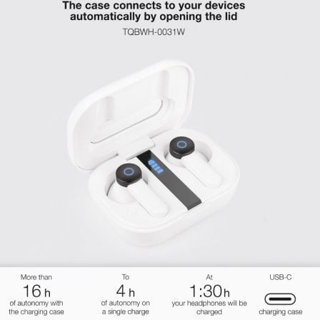 Auriculares Bluetooth TooQ Bender TQBWH-0031W Bluetooth 5.1 Autonomia 4h Estojo de Carga 250mAh USB-C Branco - Imagem 3