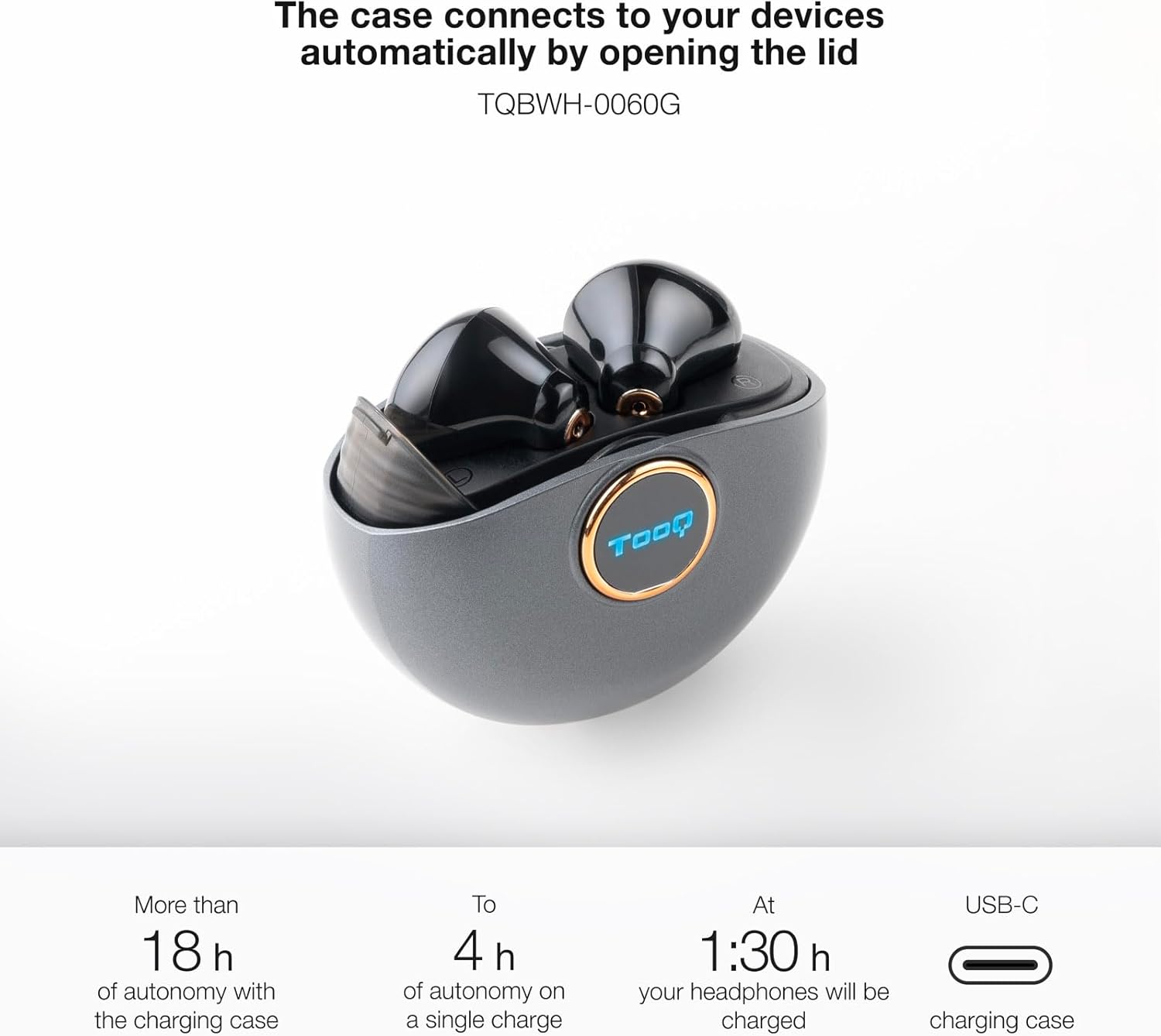 Auriculares Bluetooth TooQ Snail TQBWH-0060G Bluetooth 5.3 Autonomia 18h USB-C Cinzento e Preto - Imagem 3
