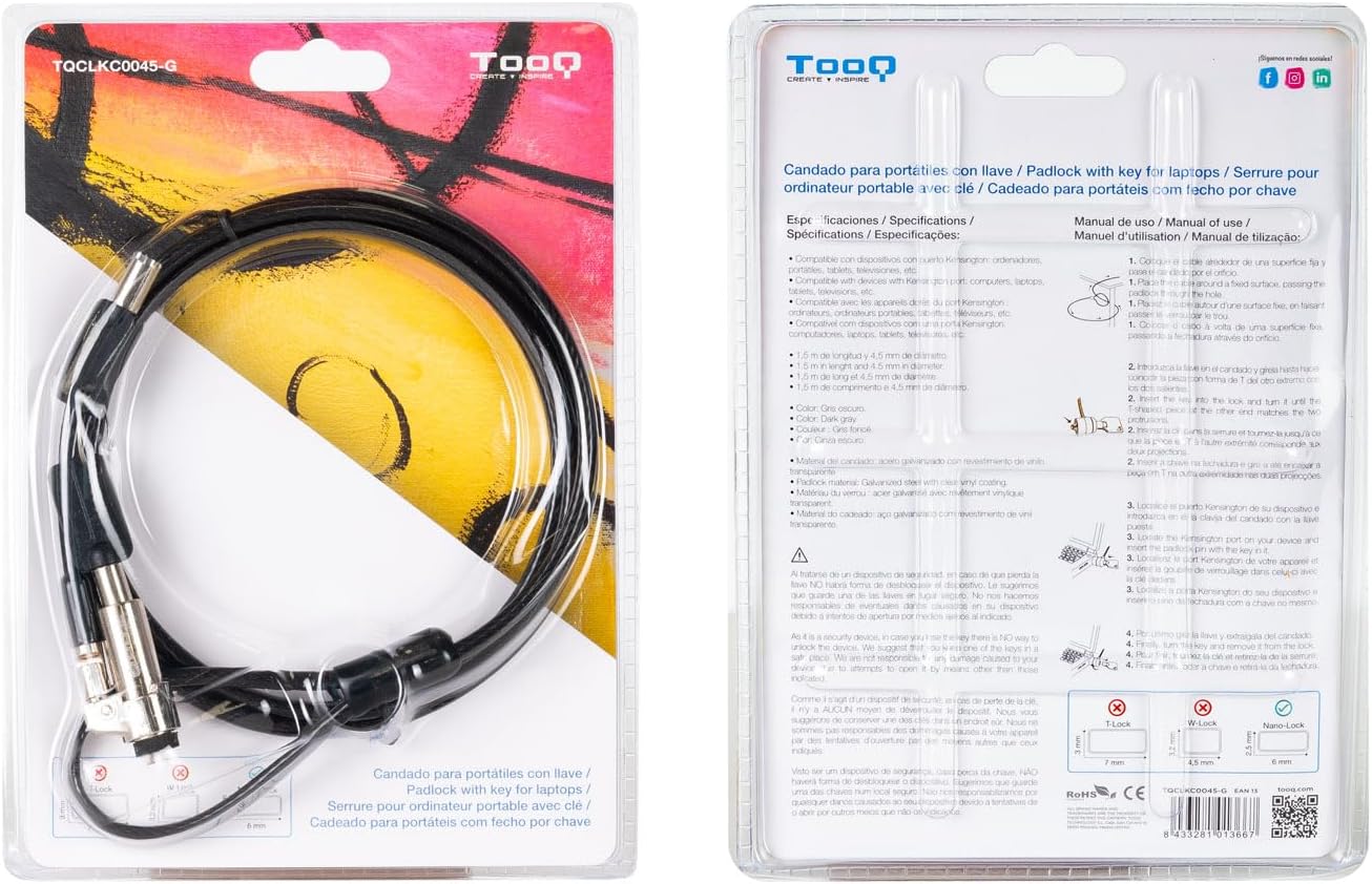 Cabo de Segurança Tipo NANO para Portáteis TooQ TQCLKC0045-G/ 1.5m - Imagem 6