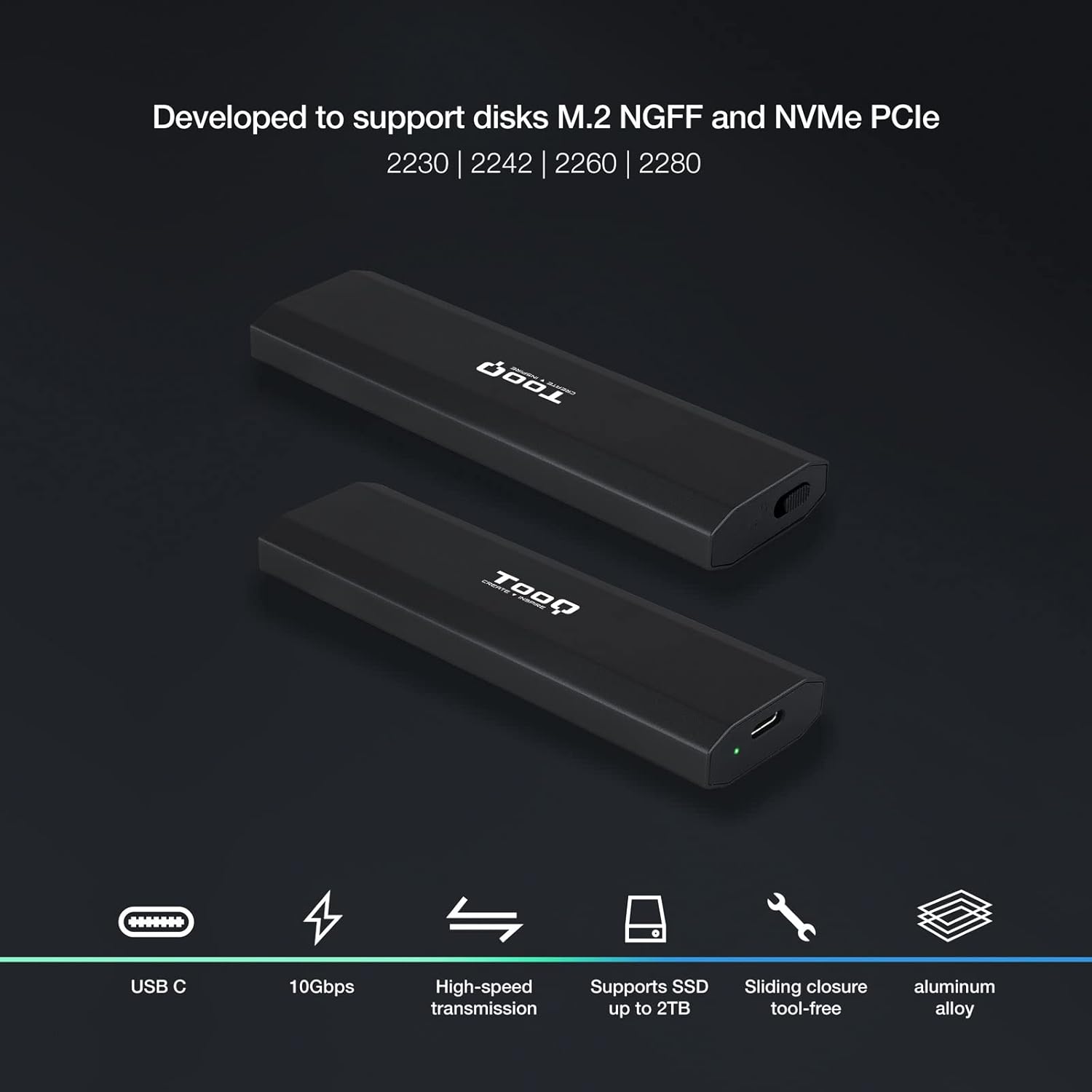 Caixa Externa para Disco SSD M.2 NVMe TooQ TQE-2223B/ USB 3.2/ Sem parafusos - Imagem 2