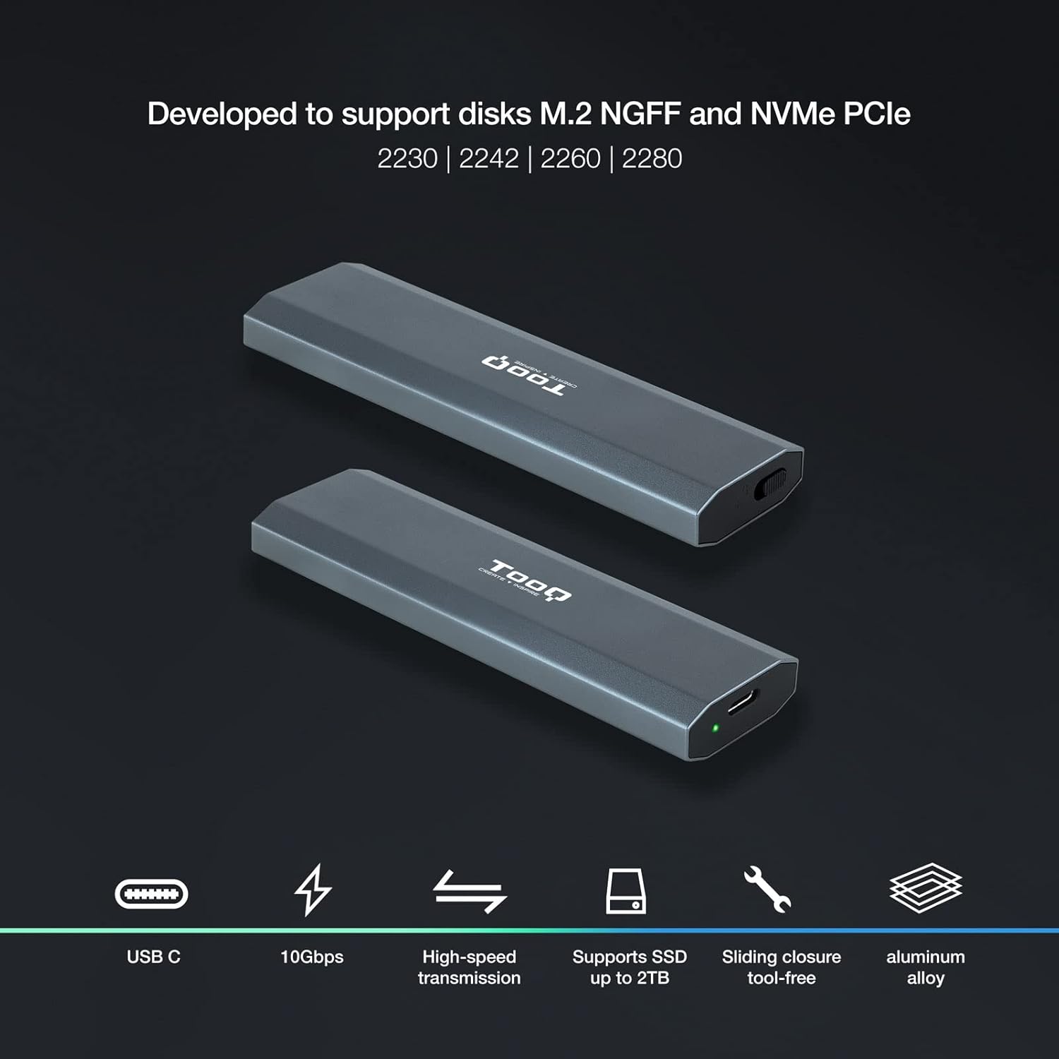 Caixa Externa para Disco SSD M.2 NVMe TooQ TQE-2223G/ USB 3.2/ Sem parafusos - Imagem 2